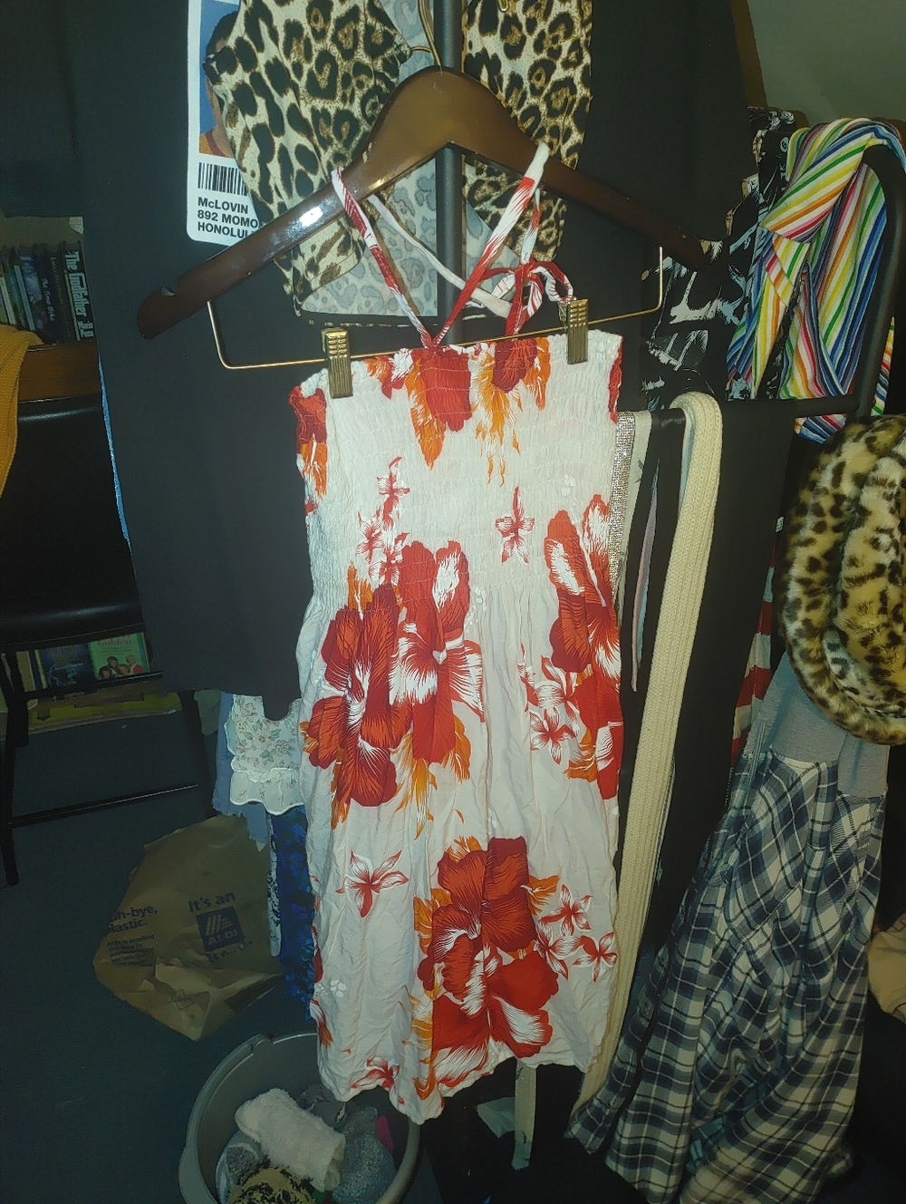 Floral Halter Maxi Dress - White with Red & Orange Blooms